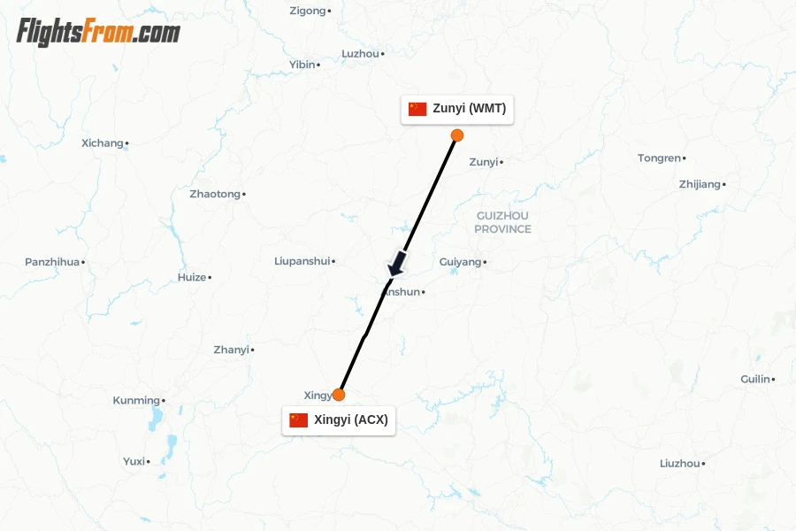 Flights from Zunyi to Xingyi route map