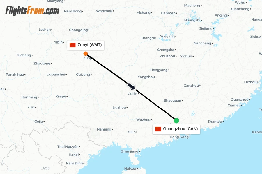 Flights from Zunyi to Guangzhou route map