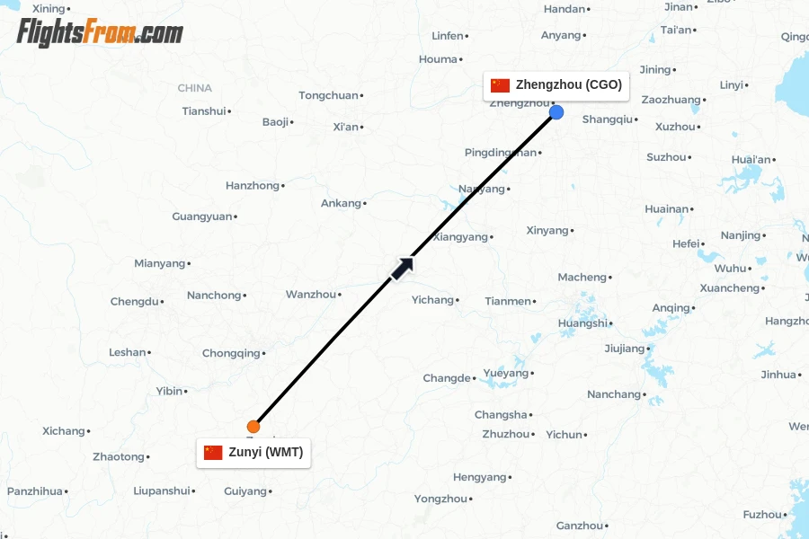 Flights from Zunyi to Zhengzhou route map