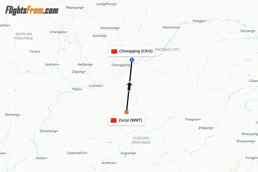 Flights from Zunyi to Chongqing route map