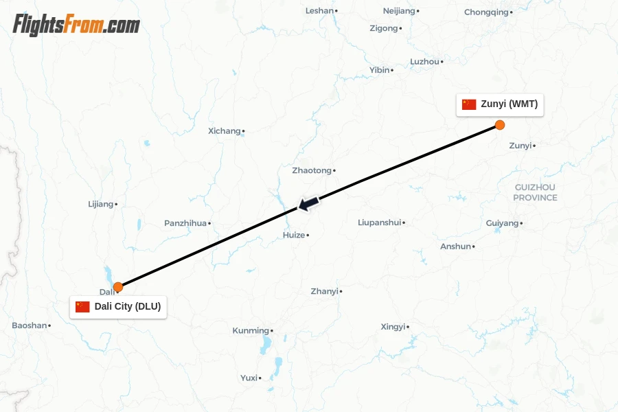 Flights from Zunyi to Dali City route map