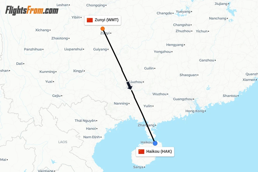 Flights from Zunyi to Haikou route map