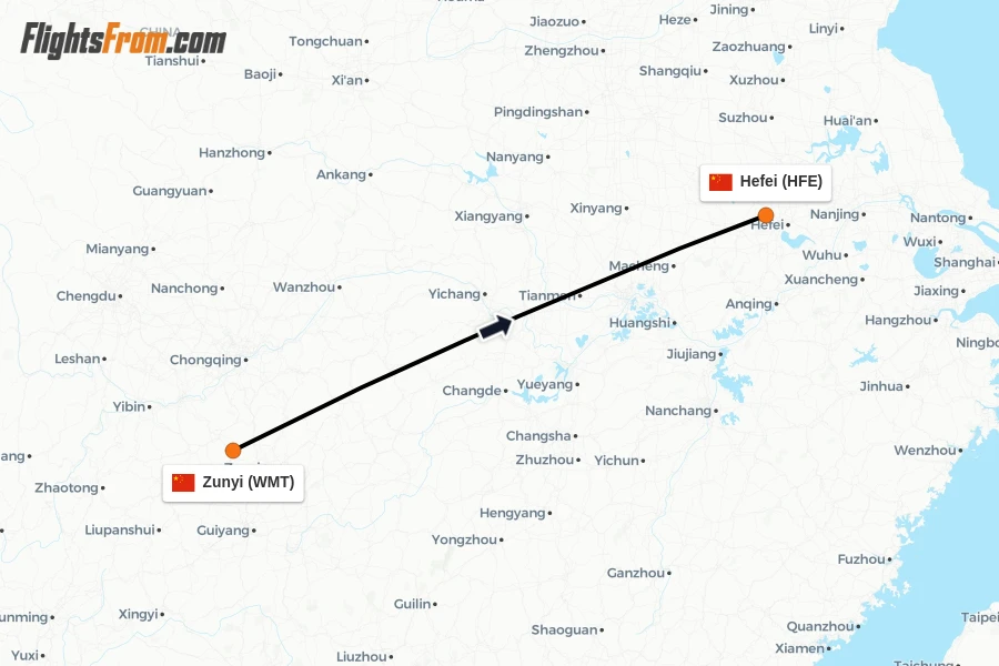 Flights from Zunyi to Hefei route map