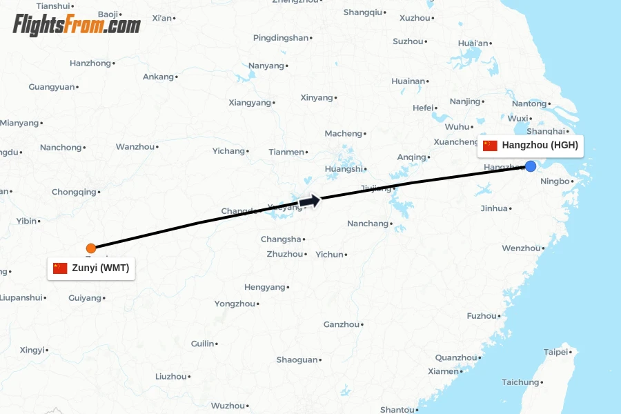 Flights from Zunyi to Hangzhou route map
