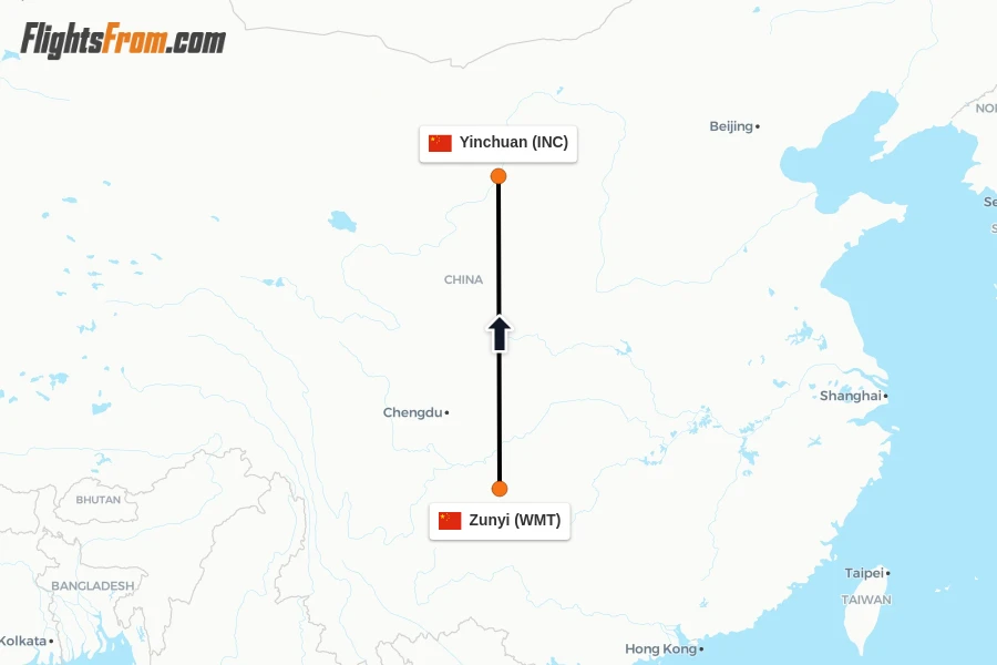 Flights from Zunyi to Yinchuan route map