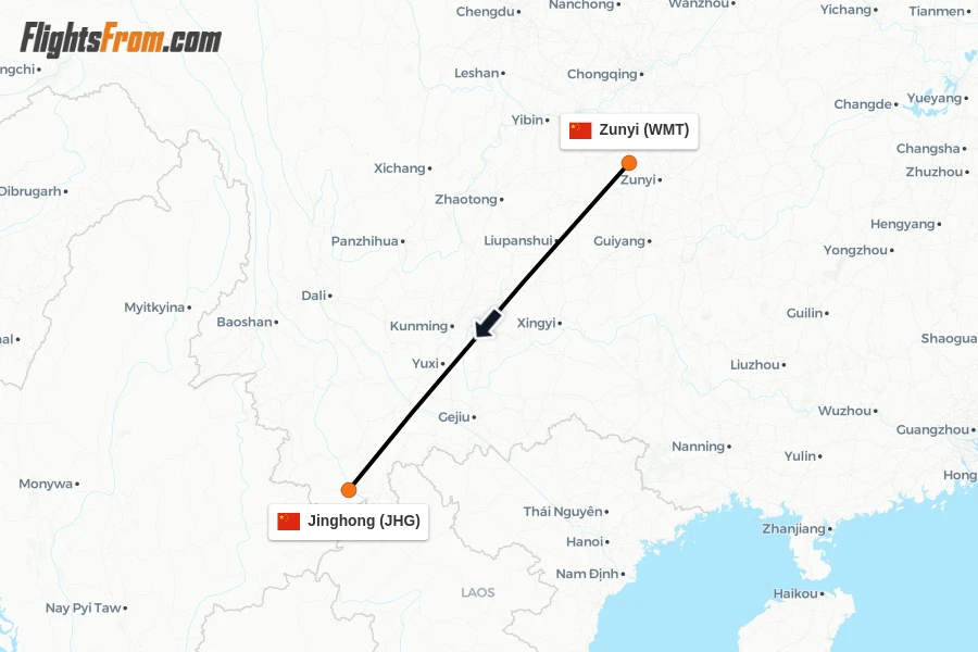 Flights from Zunyi to Jinghong route map