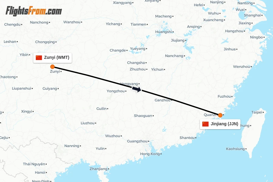 Flights from Zunyi to Jinjiang route map