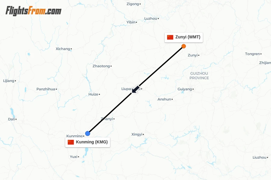 Flights from Zunyi to Kunming route map