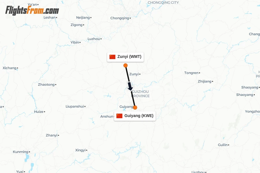 Flights from Zunyi to Guiyang route map