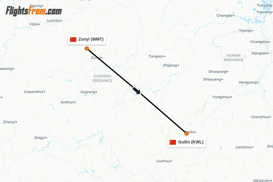 Flights from Zunyi to Guilin route map