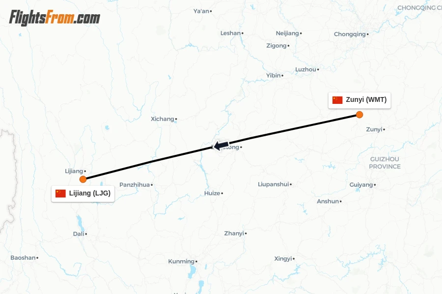Flights from Zunyi to Lijiang route map