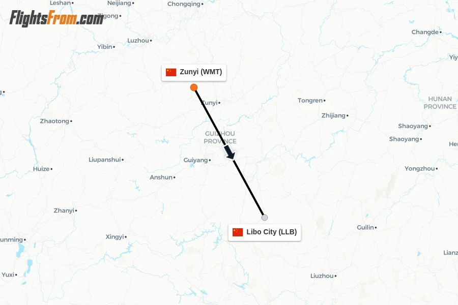 Flights from Zunyi to Libo City route map