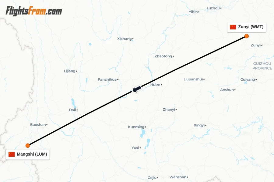 Flights from Zunyi to Mangshi route map