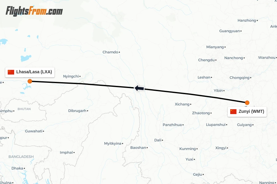Flights from Zunyi to Lhasa/Lasa route map