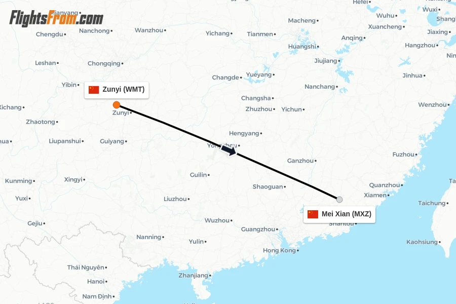 Flights from Zunyi to Mei Xian route map