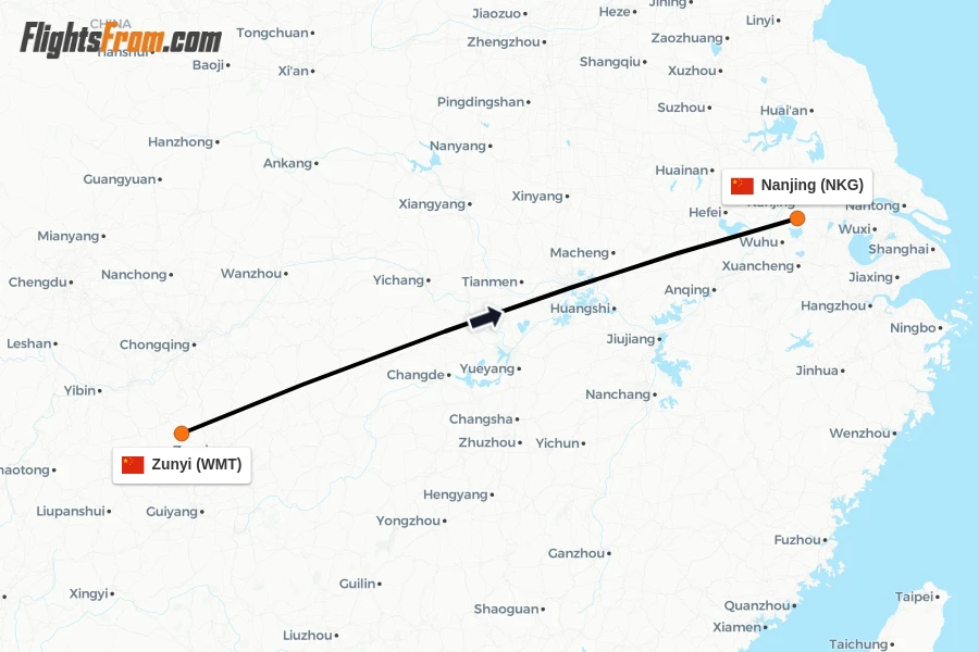 Flights from Zunyi to Nanjing route map