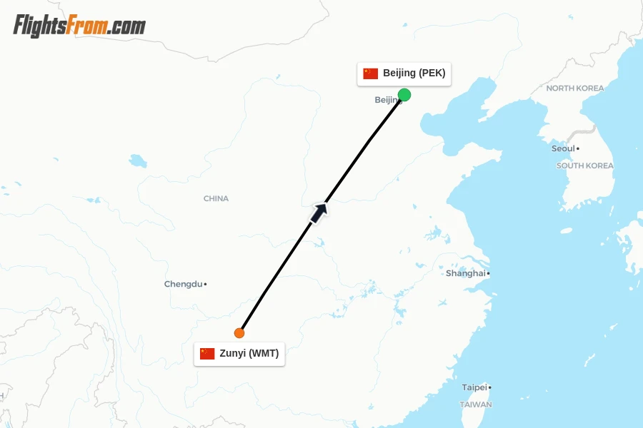 Flights from Zunyi to Beijing route map