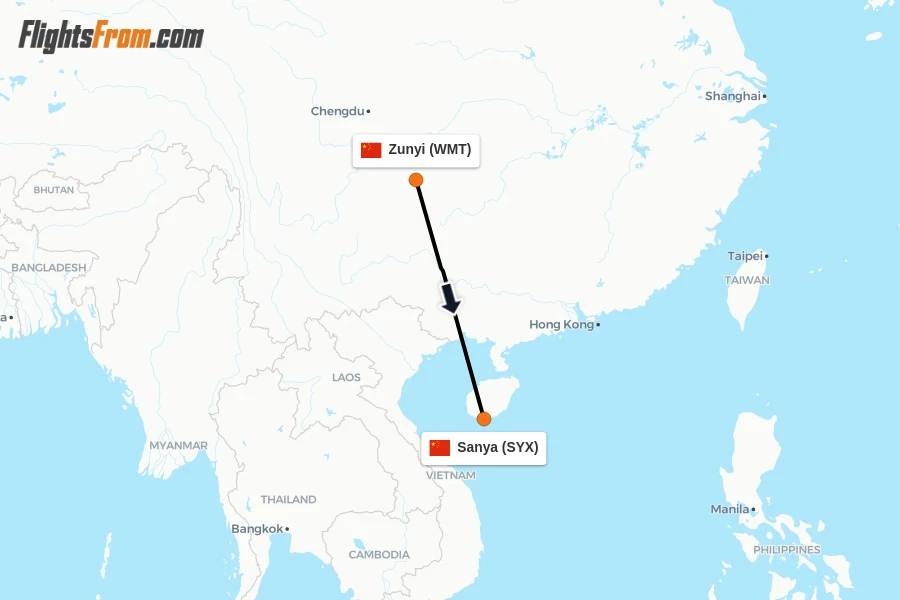 Flights from Zunyi to Sanya route map