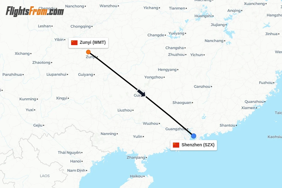 Flights from Zunyi to Shenzhen route map