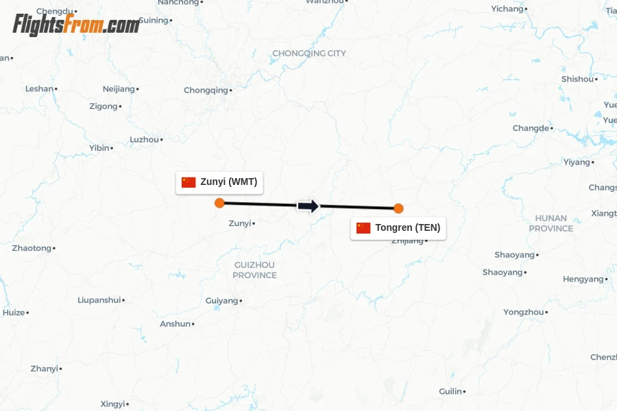 Flights from Zunyi to Tongren route map