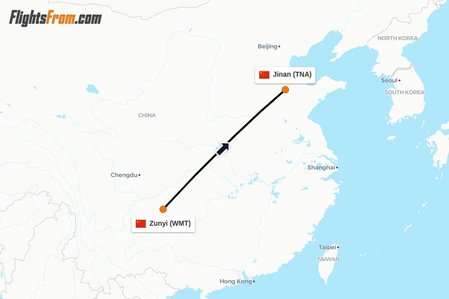 Flights from Zunyi to Jinan route map