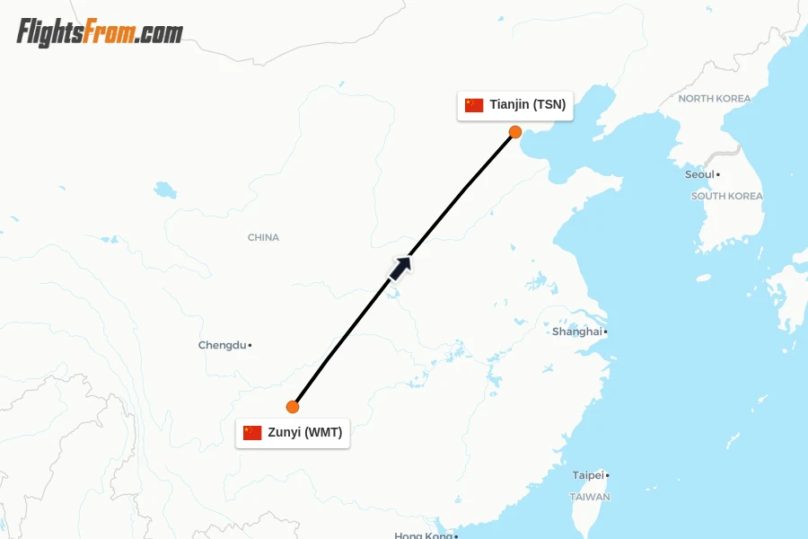 Flights from Zunyi to Tianjin route map
