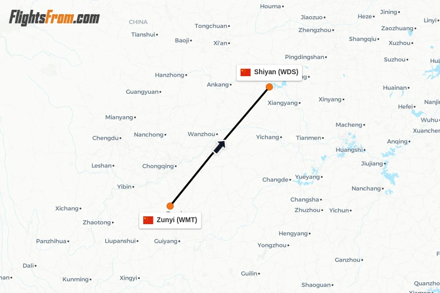 Flights from Zunyi to Shiyan route map