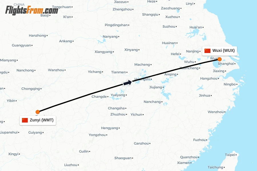 Flights from Zunyi to Wuxi route map