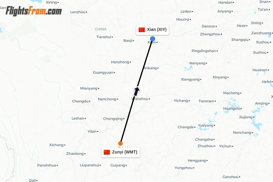 Flights from Zunyi to Xian route map