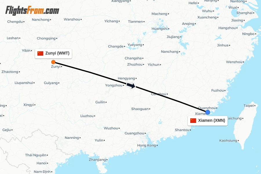 Flights from Zunyi to Xiamen route map