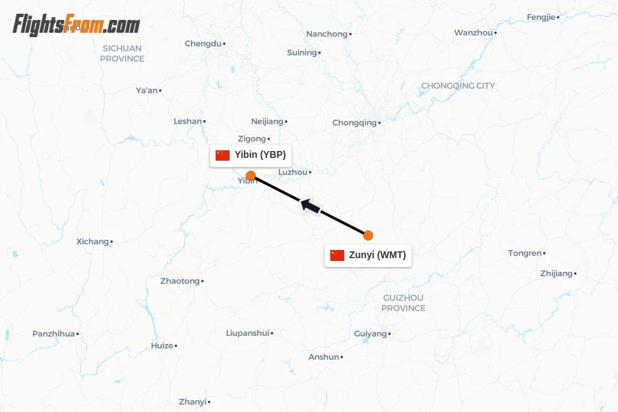 Flights from Zunyi to Yibin route map