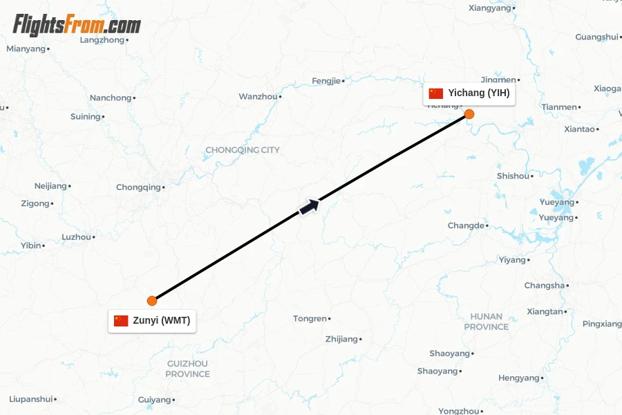 Flights from Zunyi to Yichang route map