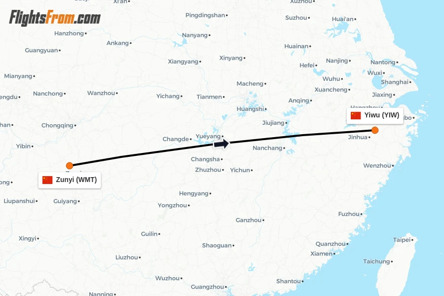 Flights from Zunyi to Yiwu route map