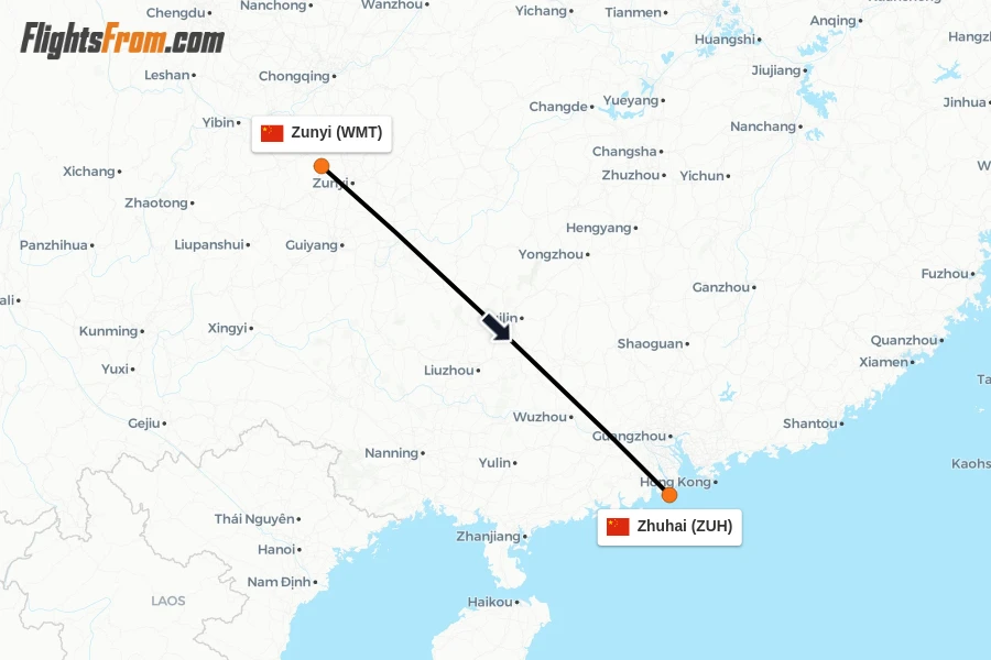 Flights from Zunyi to Zhuhai route map