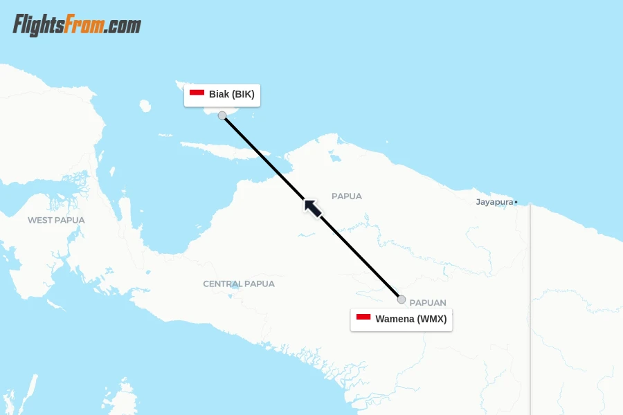Flights from Wamena to Biak route map