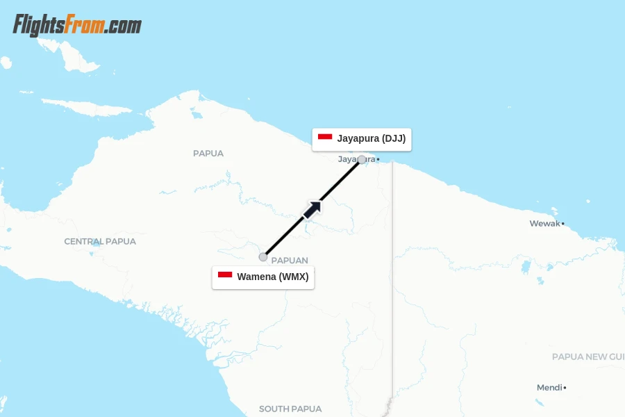Flights from Wamena to Jayapura route map