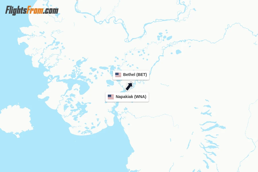 Flights from Napakiak to Bethel route map