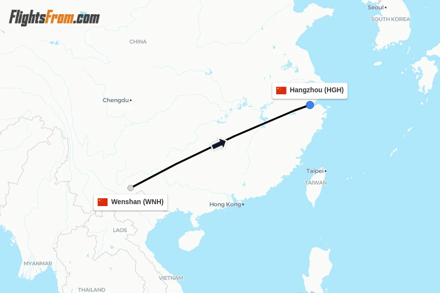 Flights from Wenshan to Hangzhou route map