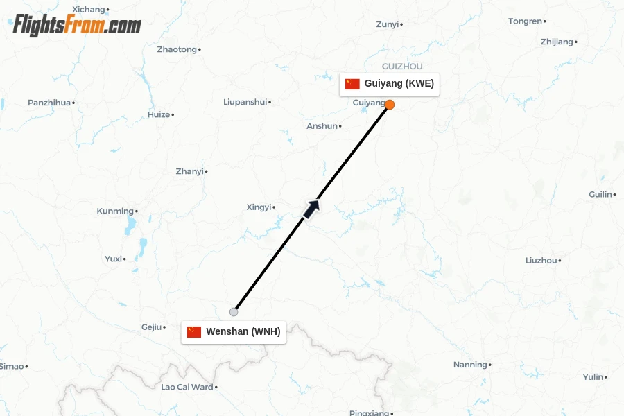 Flights from Wenshan to Guiyang route map
