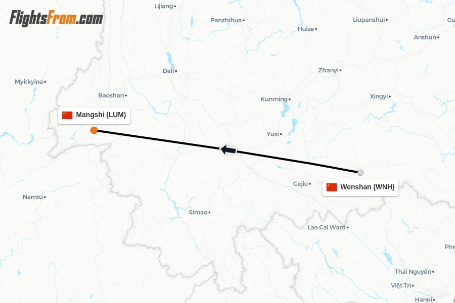 Flights from Wenshan to Mangshi route map