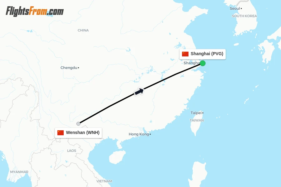 Flights from Wenshan to Shanghai route map
