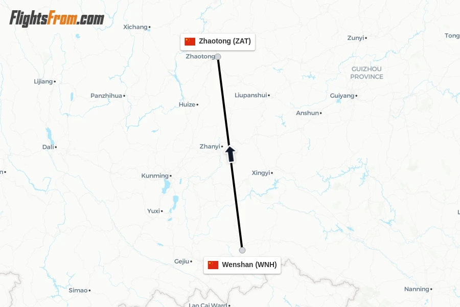 Flights from Wenshan to Zhaotong route map