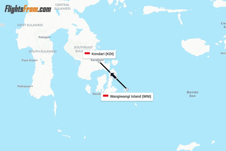 Flights from Wangiwangi Island to Kendari route map