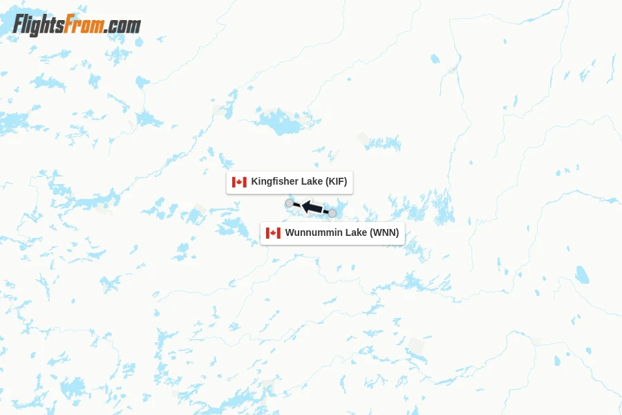 Flights from Wunnummin Lake to Kingfisher Lake route map
