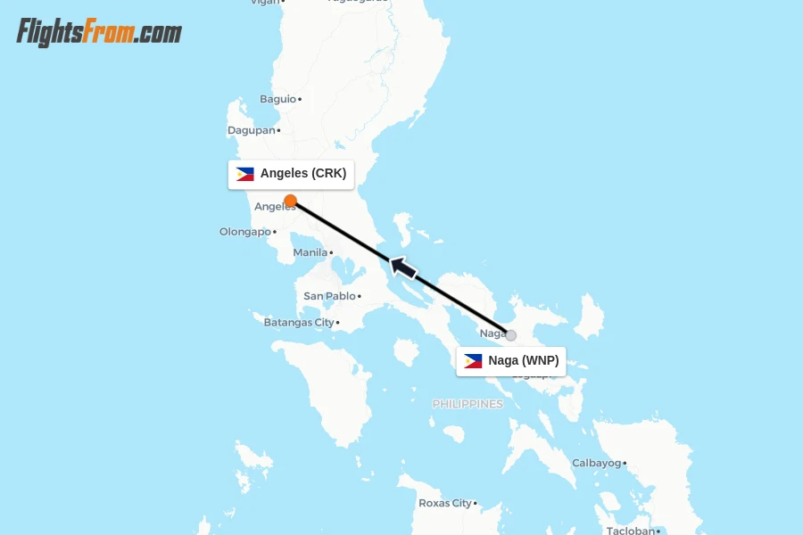 Flights from Naga to Angeles route map