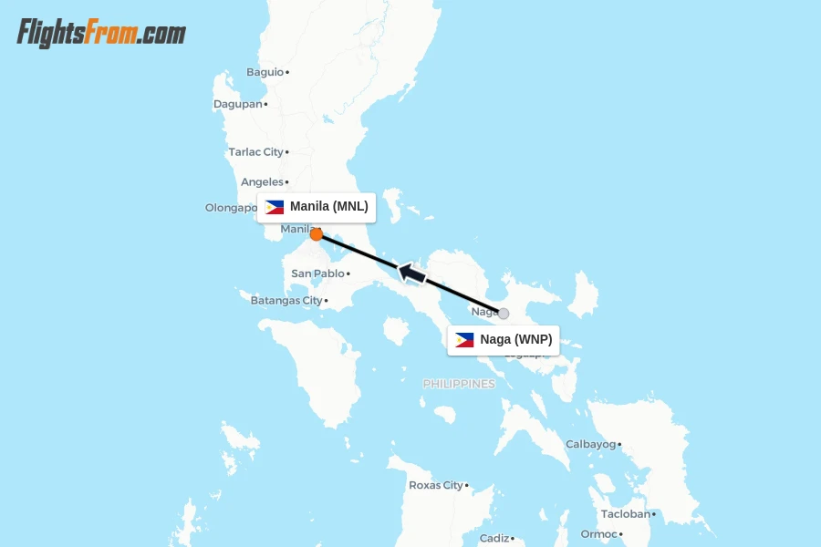 Flights from Naga to Manila route map