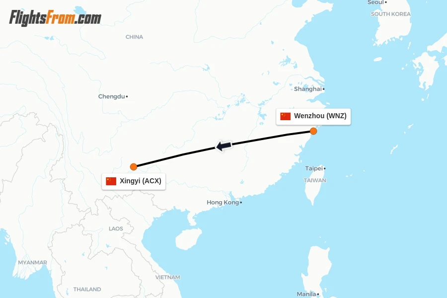 Flights from Wenzhou to Xingyi route map