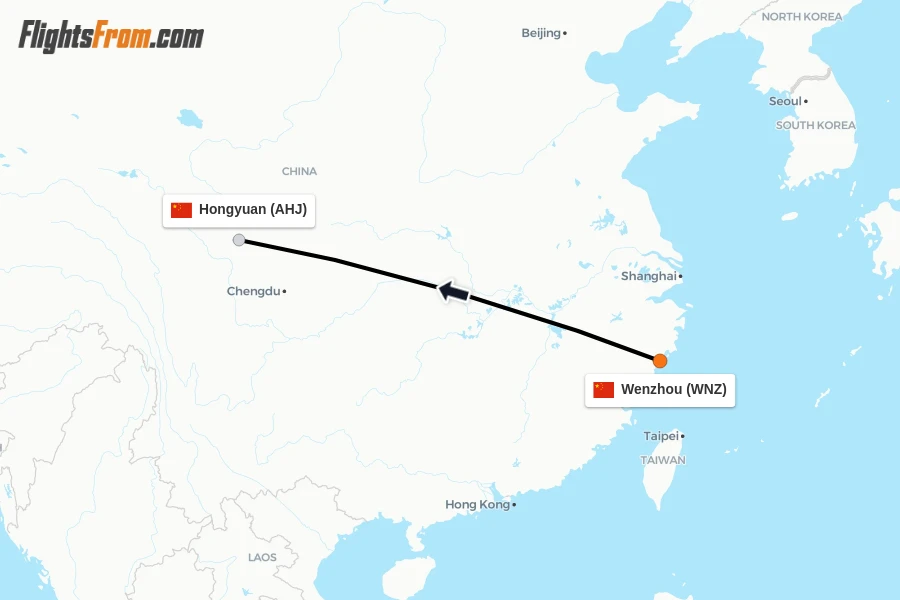Flights from Wenzhou to Hongyuan route map