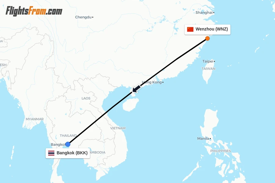 Flights from Wenzhou to Bangkok route map