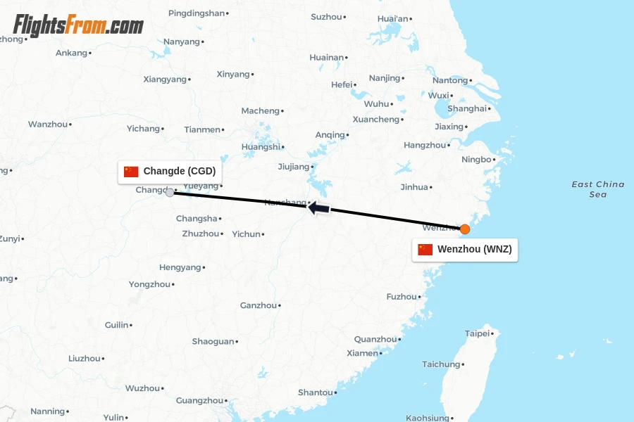 Flights from Wenzhou to Changde route map